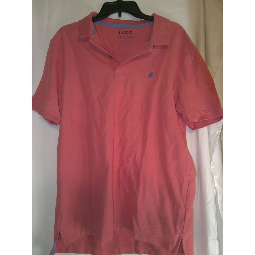 IZOD Advantage Stretch Polo Shirt Salmon Blue Logo Casual Golf Tennis L